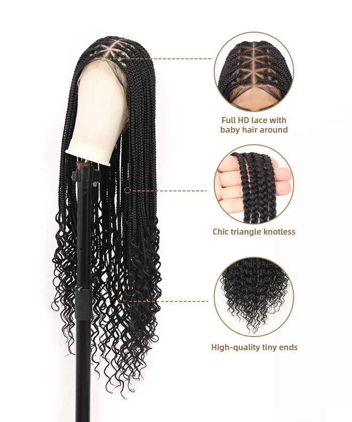 Fancivivi Triangle Medium Knotless Braids with Curls Over Hip-Length 36