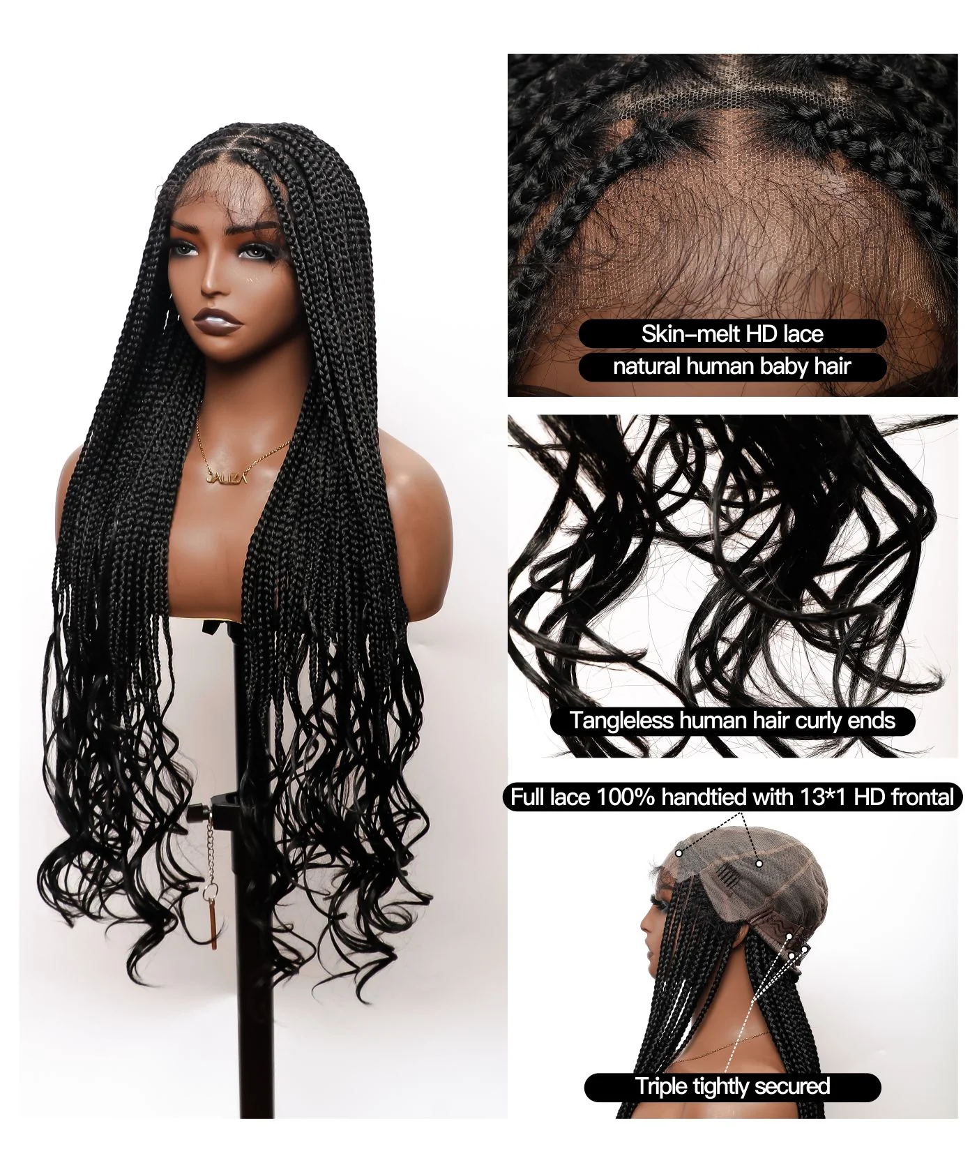 HD Lace Tangleless Human Hair Ends Knotless Small Box Full Hand-tied with Loose Curly Ends Braided Wig -100 Strands - Mose Wig