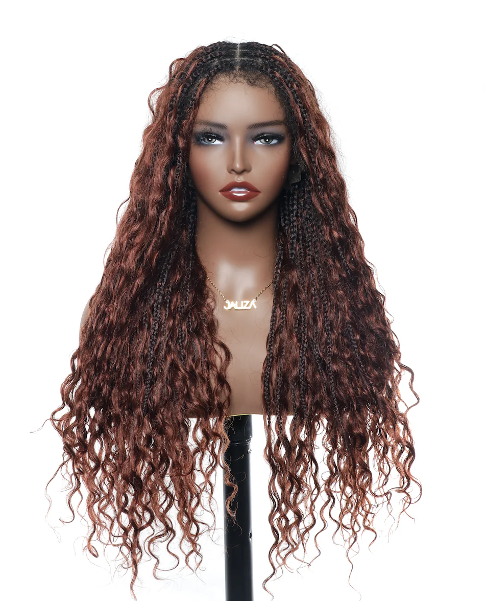 Ultra-dense 22-24“ Reddish Brown HD Full Lace Human Hair Boho Box Braided Wig 100 Strands (Scheduled to ship in 1-2 weeks) - Mose Wig