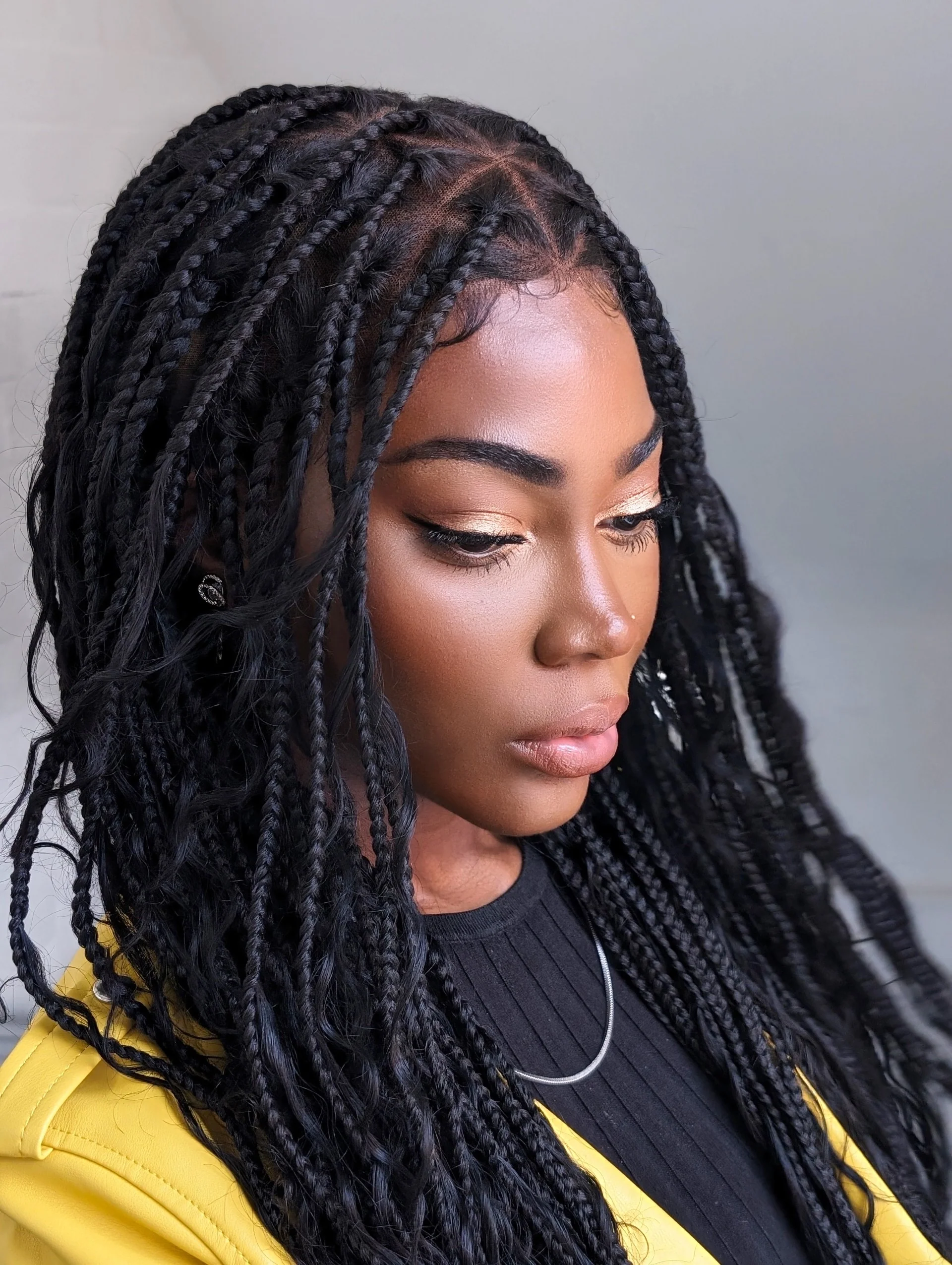 Triangle Base Full Lace Tangleless Human Hair Boho Curls Knotless Boho Box Braided Wig 36