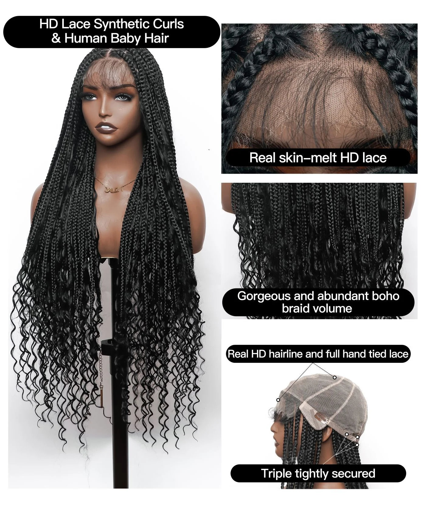 Boho Style Full Lace Knotless Box Braided Wig 36